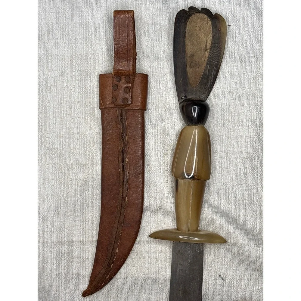 Vintage Tribal Horn Handle Dagger‎ Knife with Leather Sheath Collectible